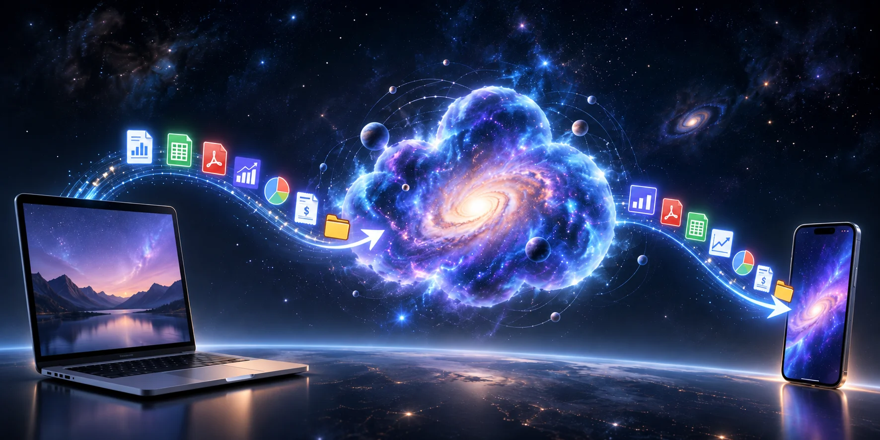 Una nube luminosa conecta un computador y un celular mediante flujos de información, sobre un horizonte espacial.
