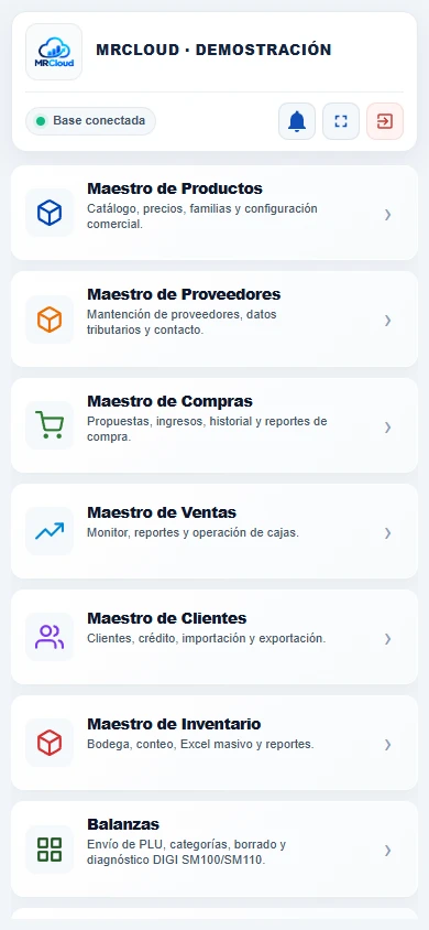 El mismo menú de MrCloud adaptado al celular, con acceso a los maestros de productos, proveedores, compras, ventas, clientes e inventario.
